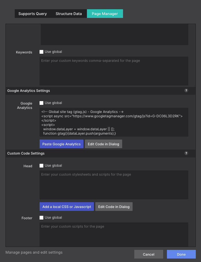 Paste Google Analytics Code Into Site Designer